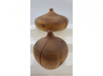 2 Weed Pot Turned Wooden Vases, Signed