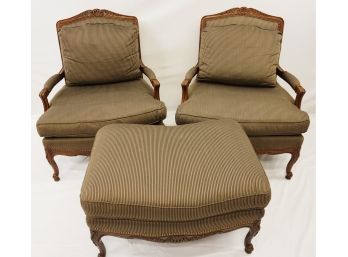 E.J. Victor Signed Parlor Chairs And Ottoman, Silk Louis XVI Style