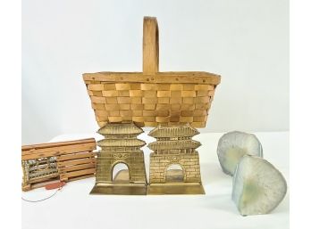 Vintage, Basket, Brass & Stone Bookends And Signed Mini Lobster Trap