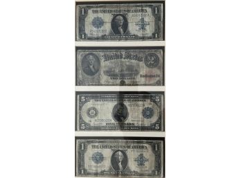 Framed Lot Of 4 U.S. Large Notes: $1, $2, $5