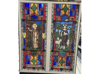 Antique, Stained Glass Church Window In Original Frame - 4 Ft X 5 Ft