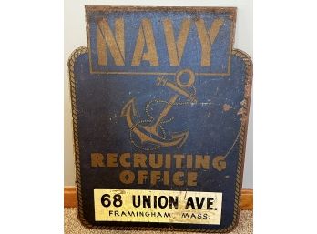 Antique, Framingham, Mass. Navy Recruiting Office Steel Sign - 2 Feet X 18 Inches