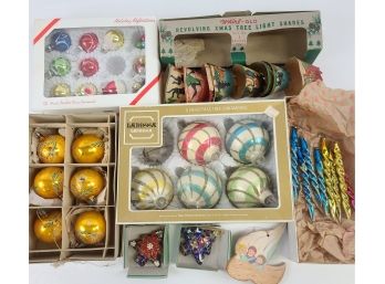 Lot Of Vintage Christmas Ornaments With Graphic Mini Paper Shades