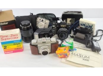 Vintage, Camera Lot With Accessories And Unused Film