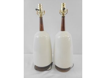 Pair Of MCM Ceramic And Wooden Lamps