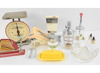 Vintage, Mid Century Kitchen Lot: Scales, Choppers, Fiesta & More
