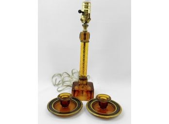 Art Deco Amber Glass Lamp And Candlesticks