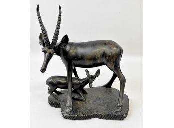 African, Ebony Wood Carving Of An Impala With It's Young