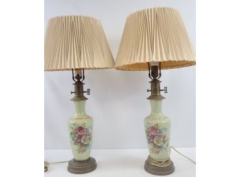 Vintage, Pair Of Green, Floral Table Lamps With Metal Bases