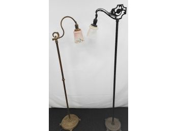 2, Antique Floor Lamps With Frosted & Reverse Painted Shades & Cast Iron Bases