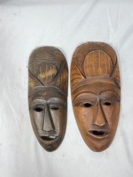 Two Vintage Wooden Hand Carved Tribal Masks Wall Decor