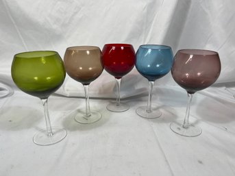 Lot Of 5 Colored Glass Wine Water Goblets