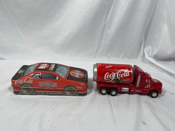 Coca Cola Soda Can Shape Tanker Truck Toy & Race Nascar Tin