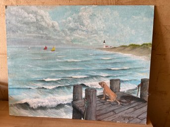 Oil Painting On Canvas Seascape Dog Sitting On The Pier Unframed Signed By Artist 16'x20'
