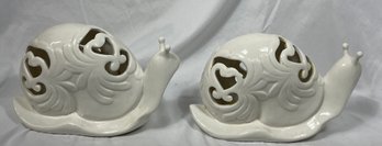 Pair Of Large Vintage White Ceramic Decorative Snail Figurines