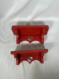 Pair Of Small Wooden Wall Shelfs Hearts Painted Red