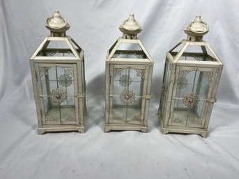 Three White Antique Style Decorative Lanterns Candle Holders