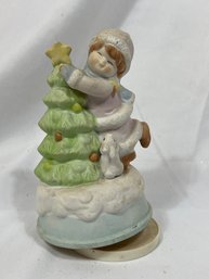 Vintage 1990s Musical Christmas Figurine Girl Hugging Christmas Tree Works!