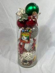 Glass Vase 4' Tall Full Of Assorted New And Used Christmas Ornaments