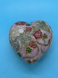 Vintage Cloisonne Pink Heart Floral Trinket Jewelry Box