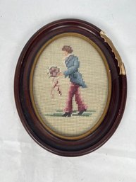Vintage Oval Framed Needlepoint Man With Flowers 1951