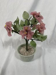 Vintage Chinese Jade Glass Stone Bonsai Flower Tree Pink/Peach Rose Flowers 8'