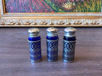 Vintage Victorian Salt And Pepper Blue Glass Shakers 3 Pcs