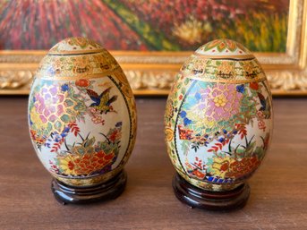 Pair Of Vintage Asian Hand Painted Decorative Eggs With Stands Collector Eggs