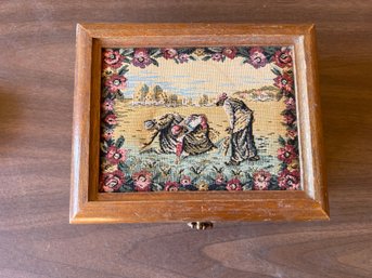 Vintage Wood And Tapestry Jewelry Box With Removable Tray 8 X 6.5 X 3 In