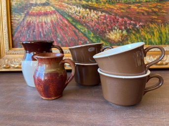 Group Of 6 Assorted Ceramic Pottery Brown Glazed Pitchers And Cups Roseville & Others