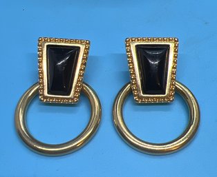 Vintage Monet Pierced Hooped Earrings Black Domed Enamel Gold 1980's