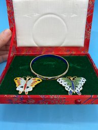 Asian Cloisonne Enamel 2 Butterfly Brooches/Pendants & Bracelet Original Box