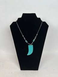 Vintage Metal Bead Necklace With Faux Turquoise Pendant