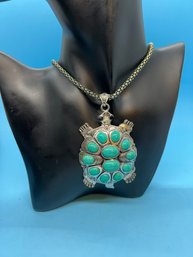 Vintage Silver Tone Necklace With Large Turtle Faux Turquoise Inlaid