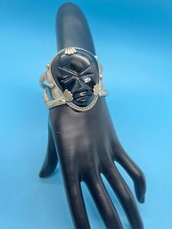 Large VTG Mexico Vaughns Sterling Black Onyx Tribal Mask 925 Silver Bracelet