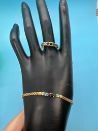 Gold Plated Ring And Bracelet Set With 4 Color CZ Stones