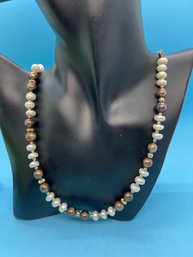 14k Yellow Gold Freshwater White & Chocolate Pearls Gold Bead Necklace 24' Rare