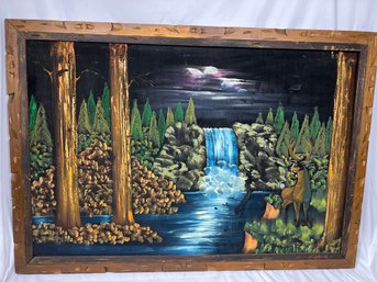 Vintage Velvet Landscape Oil Painting Carved Wood Frame Signed By Artist