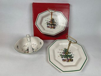 Nikko CHRISTMASTIME Octagonal Sweet Plate With Handle  8' & Candy Dish W/ Handle