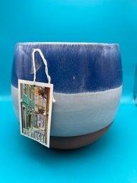 Portugal Terracotta Clay Pot Blue White Glaze 6'