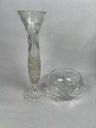 Vintage MCM Leaded Crystal Cut Vase And Candy Bowl