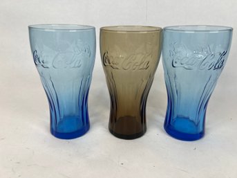 Group Of Three Coca Cola Glasses 2 Blue & 1 Brown