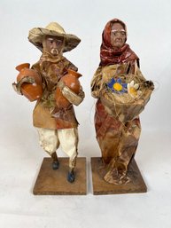Mexican Folk Art Figurines Statues Paper Mache Vintage Old Man And Woman