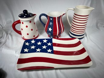 Group Of Patriotic Blue White Red Stars And Stripes Serving Tray And 3 Pitchers