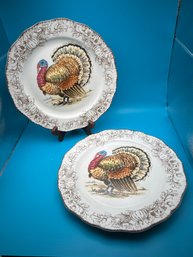 Two Ceramic Maxcera Thanksgiving Turkey Plates 9.25'