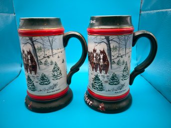 Pair Of Budweiser Stein Beer Mug The Seasons Best Clydesdale Anheuser Busch 1991 Holiday