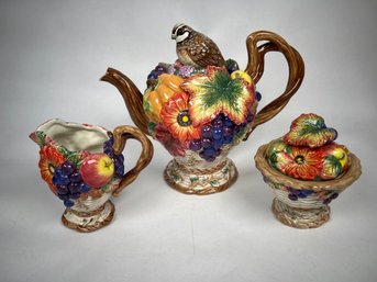 Fitz & Floyd Autumn Bounty Teapot Lid Figural Bird On Top 8.5'H, Creamer And Sugar 5' H