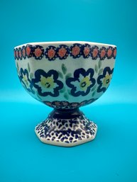 Boleslawiec Polish Pottery Floral Blue Handmade Footed Pedestal Candy Dish
