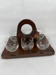 Vintage MCM Cornwall Old Fashioned / Bar Glasses 6 Glasses With Wooden Rack