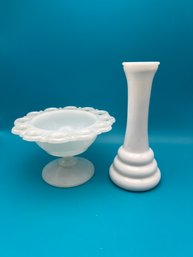 Vintage Small Milk Glass Candy / Trinket Pedestal Dish & Vase